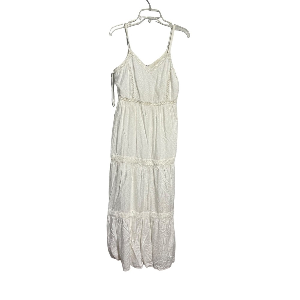 Joie White Geometric Jacquard Tiered Maxi Dress Crochet Lace Trim Womens Small
